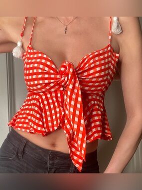 Faithfull the Brand tassel tie front Italian table cloth gingham sexy summer top